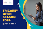 TRICARE Open Season 2024 graphic with woman writing on pad of paper.