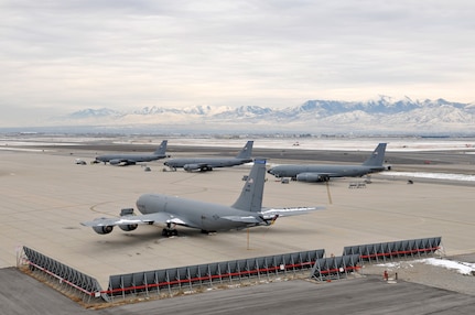 Four Utah Air National Guard KC-135R Stratotanker aircraft sit on the flight line at Roland R. Wright Air National Guard Base during a unit training assembly  Dec. 3, 2016. The KC-135 Stratotanker provides the core aerial refueling capability for the U.S. Air Force.