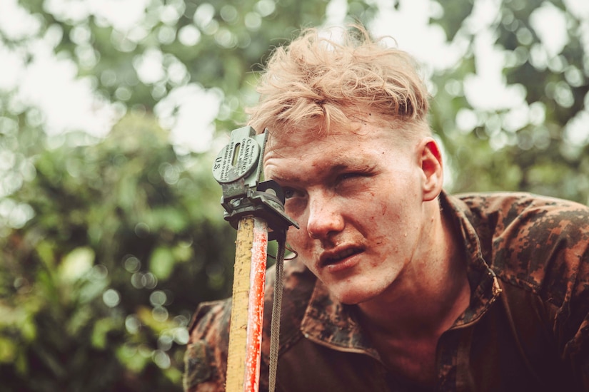 A close-up of a Marine looking through a sighting post while standing in the woods.