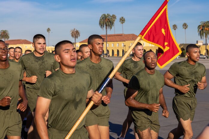 The new U.S. Marines of India Company, 3rd Recruit Training Battalion, participate in a motivational run at Marine Corps Recruit Depot San Diego, California, Oct. 24, 2024. The company motivational run is a three-mile cadence run conducted around the Depot and is the last physical training event the Marines will conduct before they graduate from MCRD San Diego. The event is also the first-time friends and families will see their newly transformed Marines. (U.S. Marine Corps photo by Lance Cpl. Jacob Hutchinson)