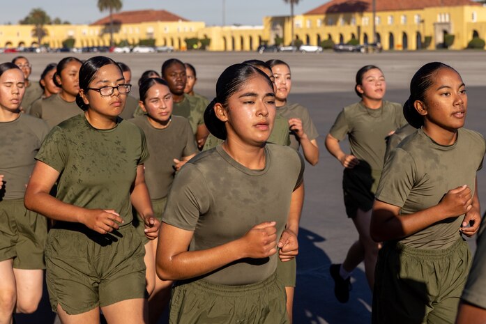 The new U.S. Marines of India Company, 3rd Recruit Training Battalion, participate in a motivational run at Marine Corps Recruit Depot San Diego, California, Oct. 24, 2024. The company motivational run is a three-mile cadence run conducted around the Depot and is the last physical training event the Marines will conduct before they graduate from MCRD San Diego. The event is also the first-time friends and families will see their newly transformed Marines. (U.S. Marine Corps photo by Lance Cpl. Jacob Hutchinson)