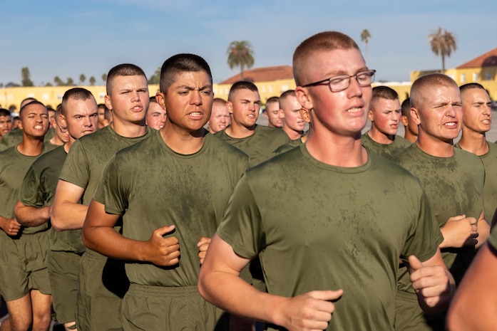 The new U.S. Marines of India Company, 3rd Recruit Training Battalion, participate in a motivational run at Marine Corps Recruit Depot San Diego, California, Oct. 24, 2024. The company motivational run is a three-mile cadence run conducted around the Depot and is the last physical training event the Marines will conduct before they graduate from MCRD San Diego. The event is also the first-time friends and families will see their newly transformed Marines. (U.S. Marine Corps photo by Lance Cpl. Jacob Hutchinson)