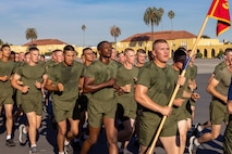 The new U.S. Marines of India Company, 3rd Recruit Training Battalion, participate in a motivational run at Marine Corps Recruit Depot San Diego, California, Oct. 24, 2024. The company motivational run is a three-mile cadence run conducted around the Depot and is the last physical training event the Marines will conduct before they graduate from MCRD San Diego. The event is also the first-time friends and families will see their newly transformed Marines. (U.S. Marine Corps photo by Lance Cpl. Jacob Hutchinson)