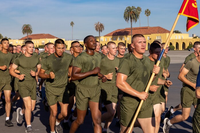 The new U.S. Marines of India Company, 3rd Recruit Training Battalion, participate in a motivational run at Marine Corps Recruit Depot San Diego, California, Oct. 24, 2024. The company motivational run is a three-mile cadence run conducted around the Depot and is the last physical training event the Marines will conduct before they graduate from MCRD San Diego. The event is also the first-time friends and families will see their newly transformed Marines. (U.S. Marine Corps photo by Lance Cpl. Jacob Hutchinson)