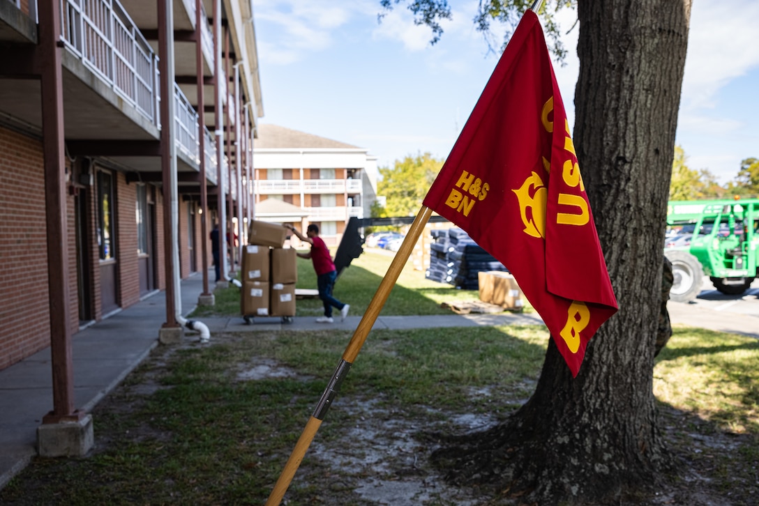 Linens are delivered to Building HP-55 on Marine Corps Base Camp Lejeune, North Carolina, Oct. 22, 2024. Marines assigned to H&S Battalion received new mattresses, blinds, and linens as part of an initiative to enhance the quality of life among Marines who live in Bachelor Enlisted Quarters. (U.S. Marine Corps photo by Cpl. Loriann Dauscher)