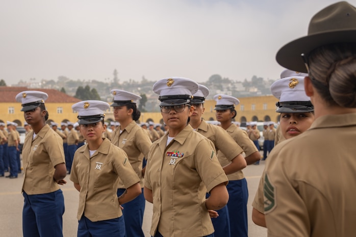 New U.S. Marines with India Company, 3rd Recruit Training Battalion, stand in formation prior to a graduation ceremony at Marine Corps Recruit Depot San Diego, California, Oct. 25, 2024. This ceremony marked the end of a 13-week transformation that included training in drill, marksmanship, basic combat skills, and Marine Corps customs and traditions. (U.S. Marine Corps photo by Lance Cpl. Janell B. Alvarez)