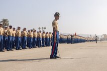 U.S. Marine Corps Sgt. Cole Simon, a senior drill instructor with India Company, 3rd Recruit Training Battalion, stands in formation during a graduation ceremony at Marine Corps Recruit Depot San Diego, California, Oct. 25, 2024. This ceremony marked the end of a 13-week transformation that included training in drill, marksmanship, basic combat skills, and Marine Corps customs and traditions. (U.S. Marine Corps photo by Lance Cpl. Janell B. Alvarez)