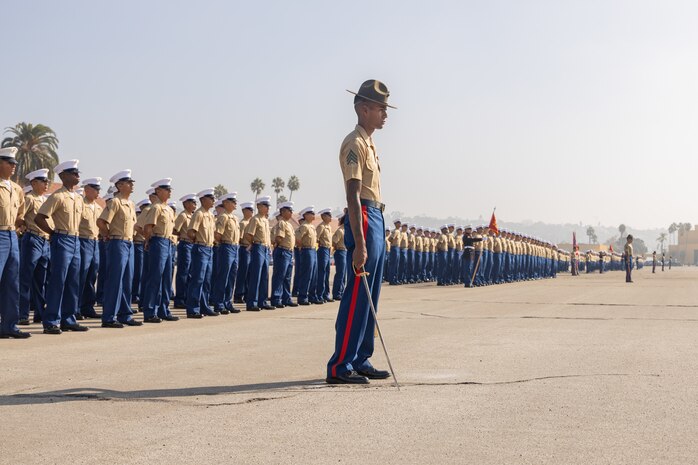 U.S. Marine Corps Sgt. Cole Simon, a senior drill instructor with India Company, 3rd Recruit Training Battalion, stands in formation during a graduation ceremony at Marine Corps Recruit Depot San Diego, California, Oct. 25, 2024. This ceremony marked the end of a 13-week transformation that included training in drill, marksmanship, basic combat skills, and Marine Corps customs and traditions. (U.S. Marine Corps photo by Lance Cpl. Janell B. Alvarez)