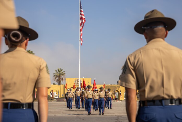 U.S. Marine Corps drill instructors  with India Company, 3rd Recruit Training Battalion, march in formation during a graduation ceremony at Marine Corps Recruit Depot San Diego, California, Oct. 25, 2024. This ceremony marked the end of a 13-week transformation that included training in drill, marksmanship, basic combat skills, and Marine Corps customs and traditions. (U.S. Marine Corps photo by Lance Cpl. Janell B. Alvarez)