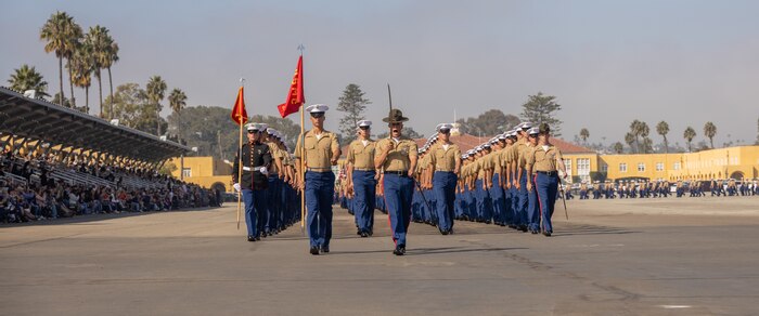 New U.S. Marines with India Company, 3rd Recruit Training Battalion, march in formation prior to a graduation ceremony at Marine Corps Recruit Depot San Diego, California, Oct. 25, 2024. This ceremony marked the end of a 13-week transformation that included training in drill, marksmanship, basic combat skills, and Marine Corps customs and traditions. (U.S. Marine Corps photo by Lance Cpl. Janell B. Alvarez)