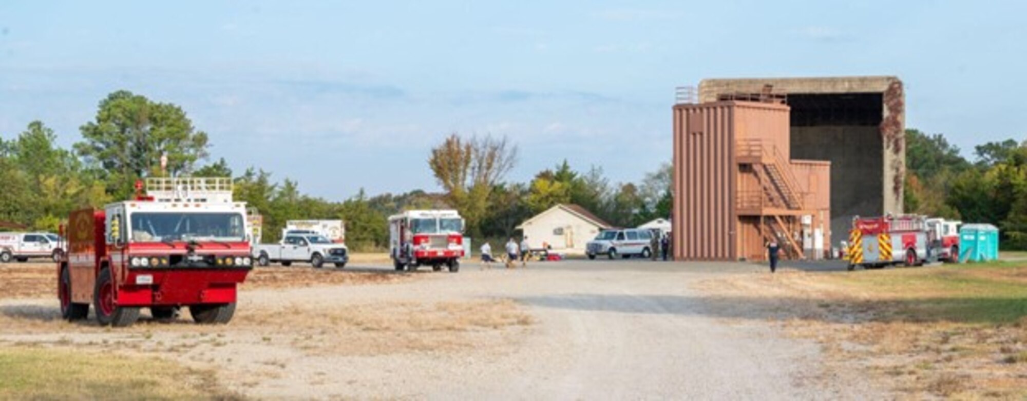 Firetrucks arrive to training grounds. (U.S. Air Force photo by Airman Donnell Ramsey)