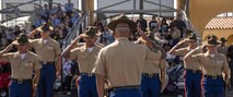 U.S. Marine Corps staff with India Company, 3rd Recruit Training Battalion, salute prior to being dismissed during a graduation ceremony at Marine Corps Recruit Depot San Diego, California, Oct. 25, 2024. This ceremony marked the end of a 13-week transformation that included training in drill, marksmanship, basic combat skills, and Marine Corps customs and traditions. (U.S. Marine Corps photo by Lance Cpl. Janell B. Alvarez)