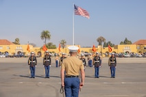 U.S. Marine Corps Capt. Thomas Mccarthy, the company commander with India Company, 3rd Recruit Training Battalion, awaits the return of the guidons during a graduation ceremony at Marine Corps Recruit Depot San Diego, California, Oct. 25, 2024. This ceremony marked the end of a 13-week transformation that included training in drill, marksmanship, basic combat skills, and Marine Corps customs and traditions. (U.S. Marine Corps photo by Lance Cpl. Janell B. Alvarez)