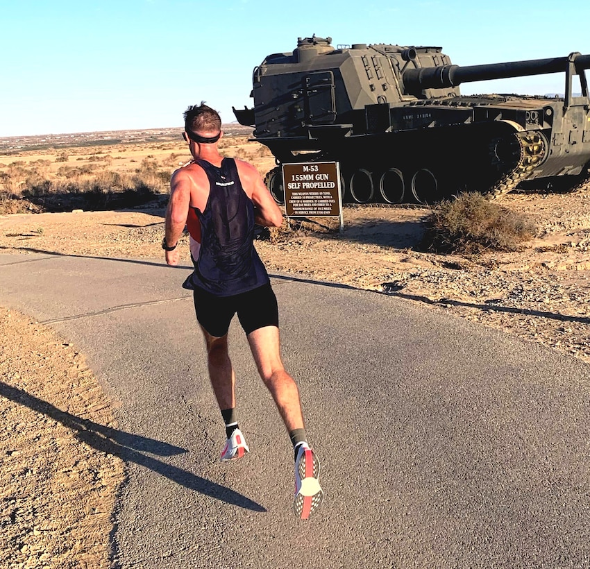 Marine Maj. Kyle King, assistant fires lead, Tactical Training Exercise Control Group, Marine Corps Air Ground Combat Center, 29 Palms, California, trains on 29 Palms before running the 49th Marine Corps Marathon and Armed Forces Championship in Washington, D.C. (Courtesy Photo)