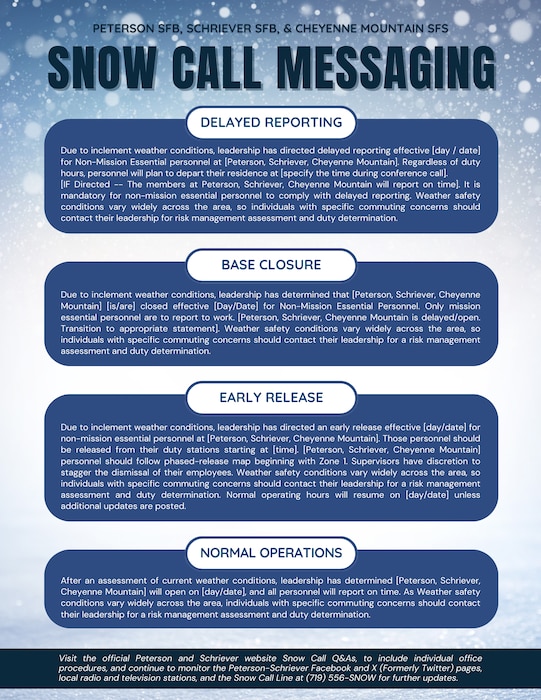 A graphic with the four expected snow call messages personnel can expect to see this winter season.