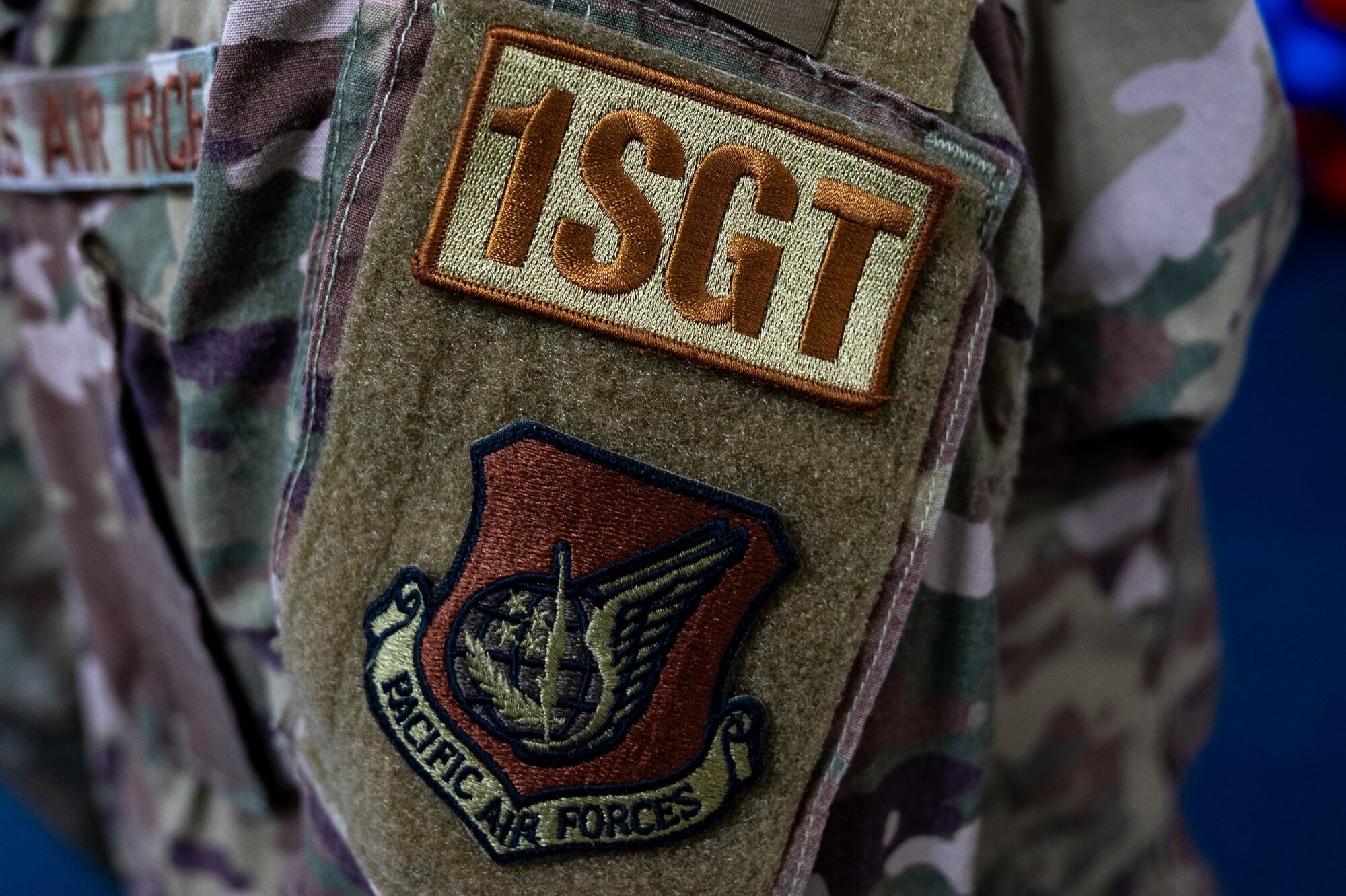 U.S. Air Force Master Sgt. Patrick Ratel, 36th Force Support Squadron first sergeant, wears his first sergeant patch during a First Seargeant Symposium at Andersen Air Force Base, Guam, Oct. 28-31, 2024. The symposium was held to train Technical Sergeants and above on how to be an interim first sergeant. (U.S. Air Force photo by Audree Campbell)