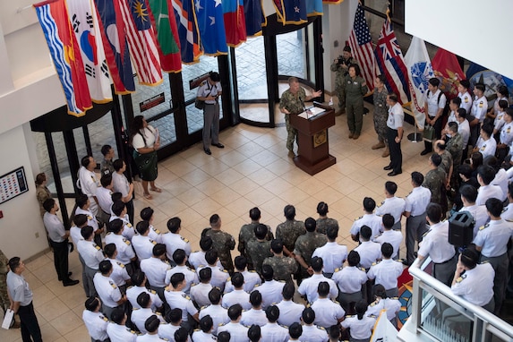 Adm. Samuel J. Paparo, commander of U.S. Indo-Pacific Command, speaks with cadets from the Korea Military Academy during their visit to USINDOPACOM headquarters on Camp H.M. Smith, Hawaii, Nov. 5, 2024. USINDOPACOM is committed to enhancing stability in the Indo-Pacific region by promoting security cooperation, encouraging peaceful development, responding to contingencies, deterring aggression and, when necessary, fighting to win. (U.S. Army photo by Sgt. Austin Riel)