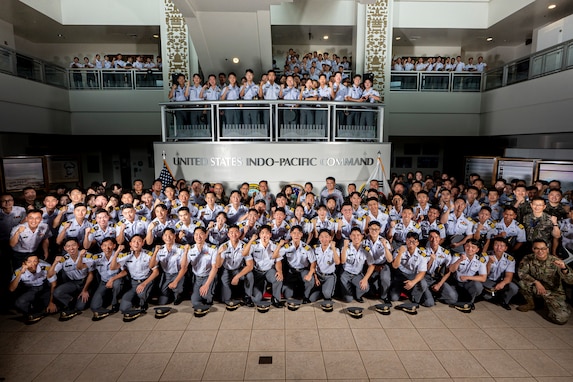 Cadets from the Korea Military Academy take a group photo during their visit to USINDOPACOM headquarters on Camp H.M. Smith, Hawaii, Nov. 5, 2024. USINDOPACOM is committed to enhancing stability in the Indo-Pacific region by promoting security cooperation, encouraging peaceful development, responding to contingencies, deterring aggression and, when necessary, fighting to win. (U.S. Navy photo by Chief Mass Communication Specialist Shannon M. Smith)