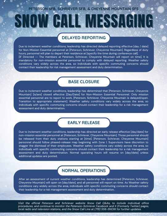 A graphic with the four expected snow call messages personnel can expect to see this winter season.