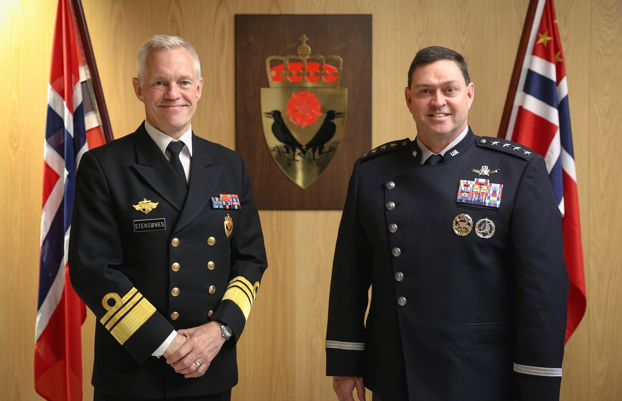 U.S. Space Force Chief of Space Operations Gen. Chance Saltzman stands with Norwegian navy Vice Adm. Niles Stensønes, director of the Norwegian Intelligence Service during a visit to Oslo, Norway, Oct. 28, 2024. Saltzman visited Norway during a trip throughout Europe, discussing ways to strengthen space cooperation with NATO partners. (Courtesy photo by Norwegian Intelligence Service)