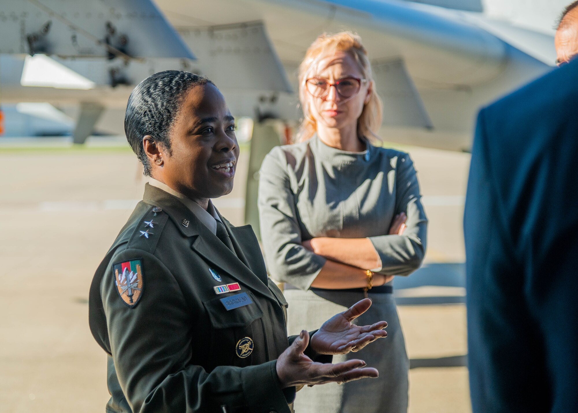 Maryland Army National Guard Maj. Gen. Janeen L. Birckhead, 31st Adjutant General of the Maryland National Guard, speaks with members of the U.S. State Department’s International Visitor Leadership Program during a visit at Martin State Air National Guard Base, Maryland, October 25, 2024.