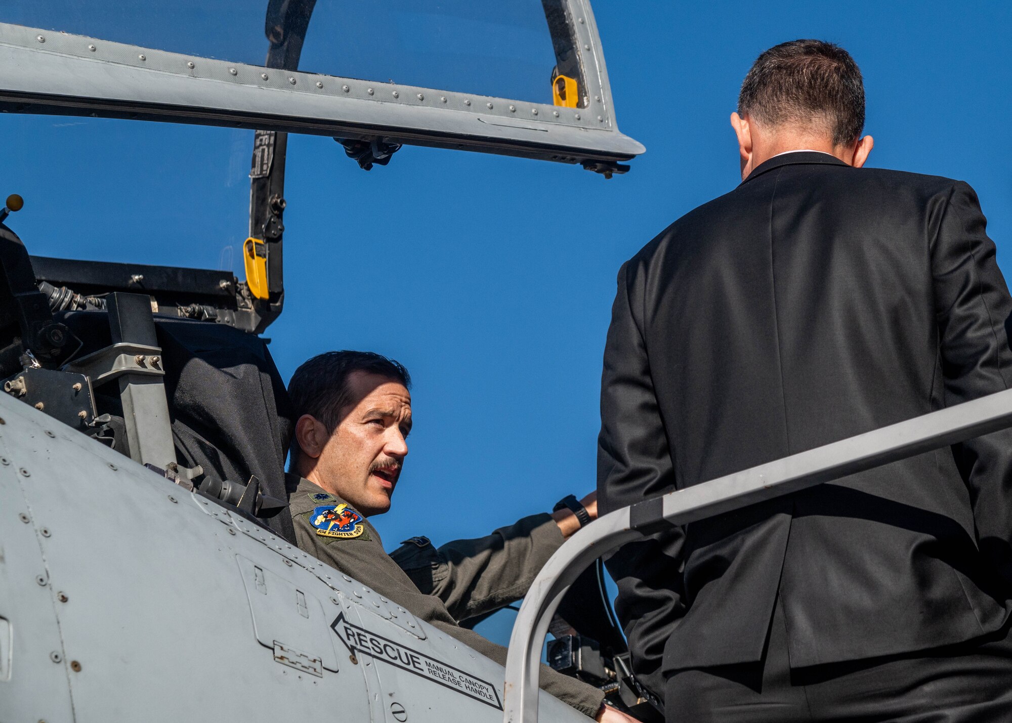 Maryland Air National Guard Lt. Col. Daniel Griffin, commander of the 104th Fighter Squadron, showcases the A-10 Thunderbolt II aircraft to members of the U.S. State Department’s International Visitor Leadership Program during a visit at Martin State Air National Guard Base, Maryland, October 25, 2024.