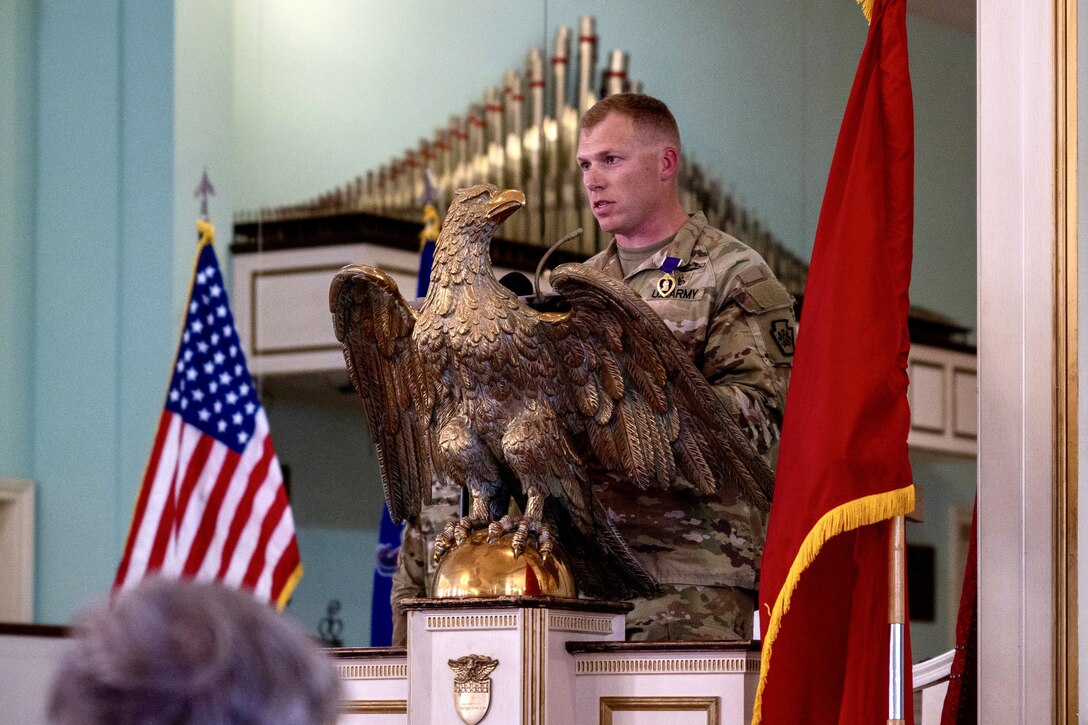 U.S. Army Sgt. 1st Class Michael Picard, assigned to the Recruiting and Retention Battalion, Pennsylvania Army National Guard, receives a Purple Heart during a ceremony at Valley Forge Military Academy in Wayne, Pennsylvania, Nov. 1, 2024. Picard was recognized for actions he took while deployed to Afghanistan with the Oklahoma National Guard in 2011. (U.S. Army National Guard photo Staff Sgt. Brandon Willis)