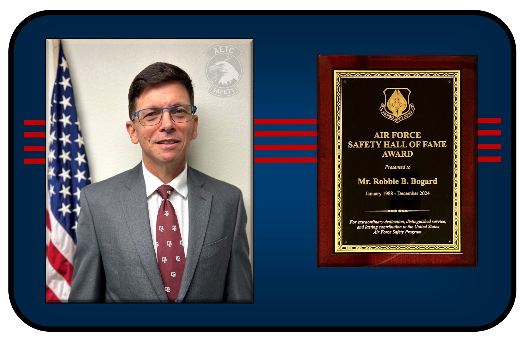 Robbie Bogard, Air Education and Training Command Occupational Safety chief, earned induction into the Department of the Air Force Hall of Fame, becoming the exclusive club’s 96th inductee since it began 47 years ago. After 41 years of service, Bogard will retire from the Air Force in December.