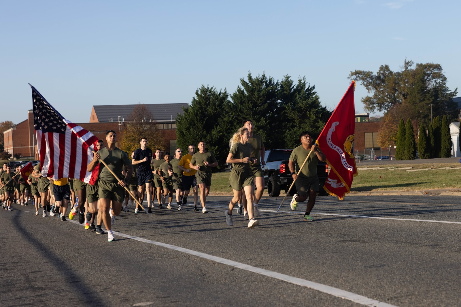 U.S. Marines assigned to Marine Corps Base Quantico participate in a motivational run led by Col. Jenny Colegate, base commander of MCBQ, honoring the Marine Corps’ 249th birthday on MCBQ, Virginia, Nov. 6, 2024. Each year, Marines come together to celebrate the Marine Corps birthday with ceremonies that recall the history of the Corps and enhance the camaraderie shared across generations of Marines. (U.S. Marine Corps photo by Lance Cpl. Braydon Rogers)