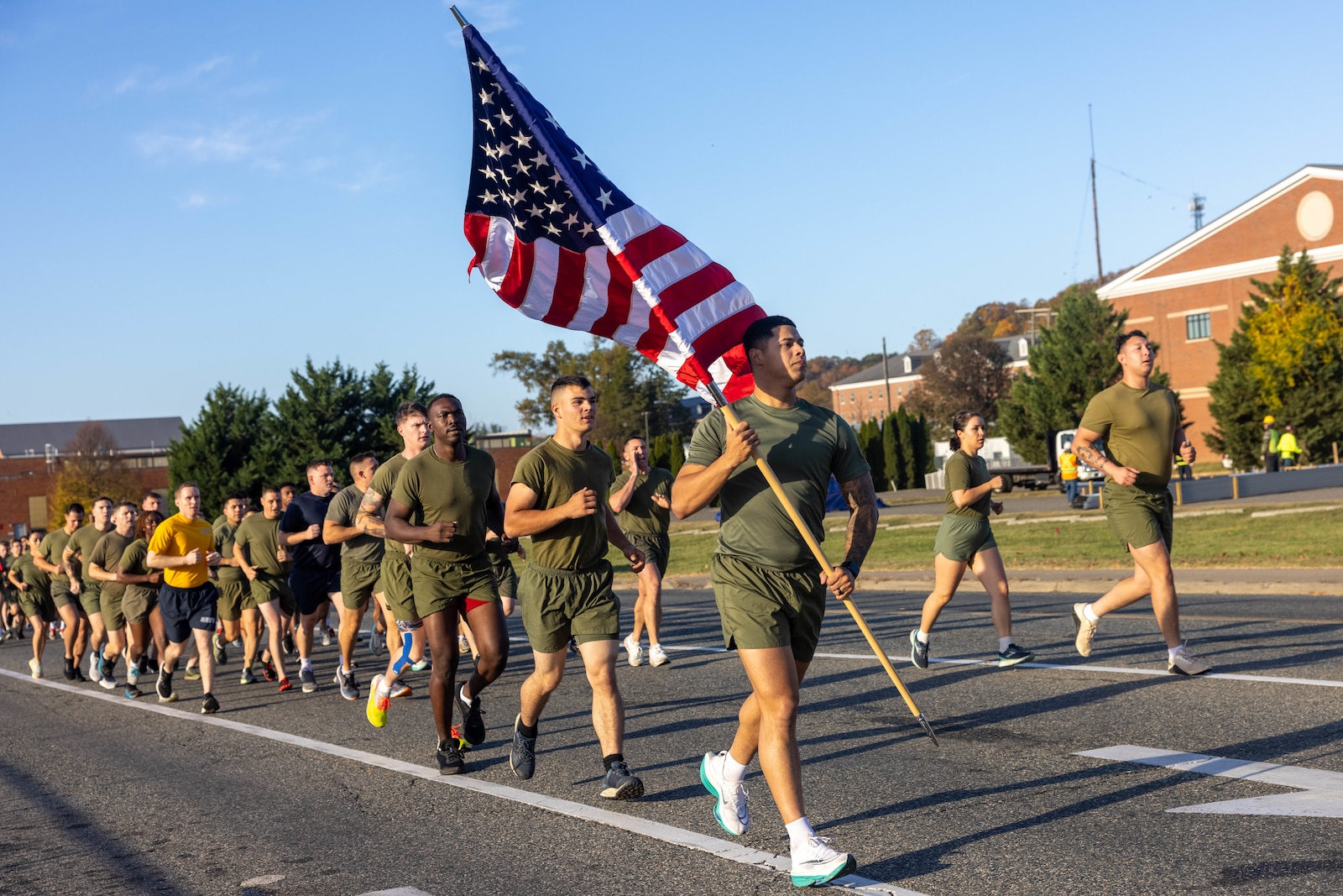 U.S. Marines assigned to Marine Corps Base Quantico participate in a motivational run honoring the Marine Corps’ 249th birthday on MCBQ, Virginia, Nov. 6, 2024. Each year, Marines come together to celebrate the Marine Corps birthday with ceremonies that recall the history of the Corps and enhance the camaraderie shared across generations of Marines. (U.S. Marine Corps photo by Lance Cpl. Braydon Rogers)