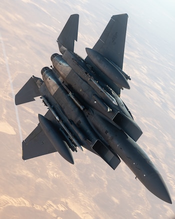 A U.S. Air Force F-15E Strike Eagle departs after receiving fuel over the U.S. Central Command area of responsibility Oct. 20, 2024. The U.S. uses a variety of aircraft, such as the F-15E, to support and defend U.S. forces, allies and partners while striving to maintain stability and security in the region. (U.S. Air Force photo)