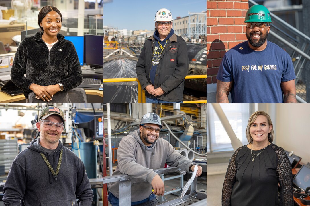 Top left: Seyan Adelakoun, U.S. Army, Information Technology Analyst; Code 109, Information Technology and Cyber Security Office  |  Top middle: Hans Gehlhaar, U.S. Navy, IRR Lead Test Engineer/Work Lead; Code 246, Test & Work Control Engineering Division  |  Top right: Idrese Manning, U.S. Marines Corps, Production Waterfront Safety Advocate; Code 900S, Waterfront Safety  |  Bottom left: Kevin Ballowe, U.S. Navy, Inside Machinist; Shop 31, Inside Machinists  |   Bottom center: Adrian Falcon, U.S. Army, Work Lead; Shop 11, Shipfitters  |   Bottom right: Janee Morgan, U.S. Air Force, eLearning Supervisor; Code 109, Information Technology and Cyber Security Office (U.S. Navy photo illustration by Wendy Hallmark)