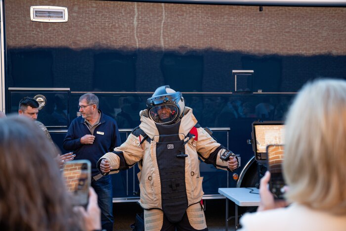 Picture shows man in bomb suit