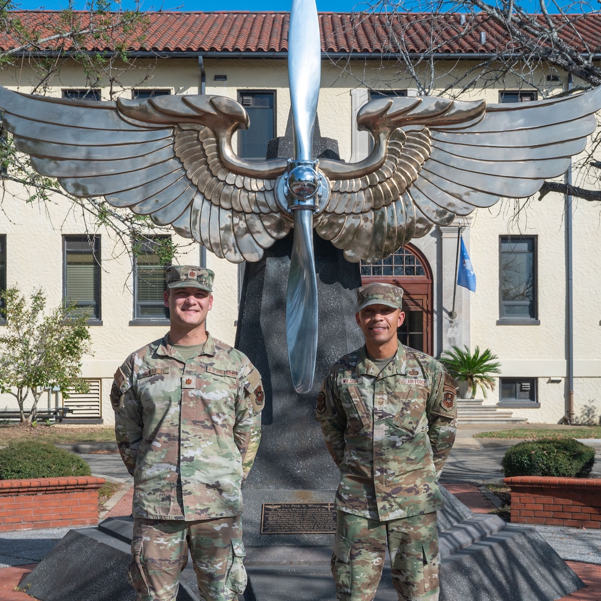 Maj. Nathaniel Roesler, Warrant Officer Training School commandant, and Senior Master Sgt. Jarvis Wilson, WOTS senior enlisted leader, pose for a photo at Maxwell Air Force Base, Alabama, Oct. 31, 2024.  Since the Department of Air Force announced the establishment of Warrant Officer Training School at Maxwell Air Force Base, Alabama, Roesler and Wilson have worked to build a school to answer the Great Power Competition call. (U.S. Air Force photo by Senior Airman Evan Porter)