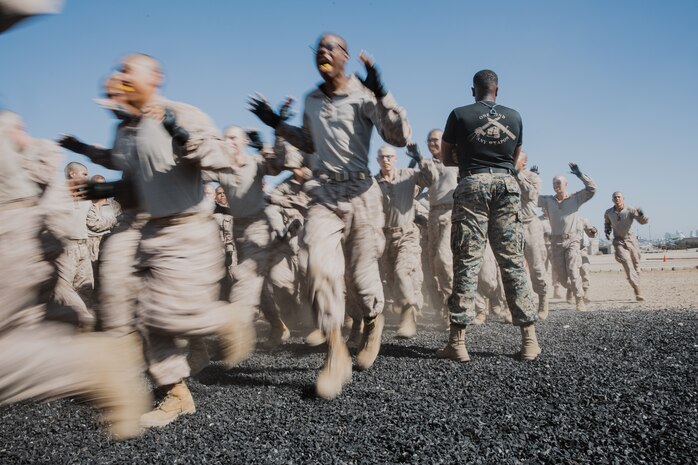 U.S. Marine Corps Martial Arts Instructor, Sgt. Thierno Jalloh, with Support Battalion, Recruit Training Regiment, instructs recruits with Kilo Company, 3rd Recruit Training Battalion, into the Marine Corps Martial Arts Program techniques testing pit at Marine Corps Recruit Depot San Diego, California, Oct. 24, 2024. MCMAP aims to strengthen the mental and moral resiliency of recruits and Marines through realistic combative training, warrior ethos studies, and physical hardening. (U.S. Marine Corps photo by Cpl. Sarah M. Grawcock)