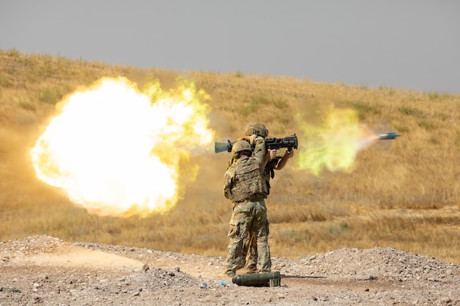 U.S. Army Soldiers assigned to 1st Battalion, 181st Infantry Regiment, 44th Infantry Brigade Combat Team, Massachusetts National Guard, Combined Joint Task Force - Operation Inherent Resolve, fire a Carl-Gustaf M4 weapon system during a training exercise in Northern Iraq, Sept. 23, 2024. CJTF-OIR is a coalition of 25 nations working together with partner forces to ensure the enduring defeat of ISIS in Iraq and Syria. (U.S. Army photo by Staff Sgt. Bruce Daddis)