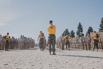 U.S. Marine Corps Capt. Riley Vickner, a series commander with Fox Company, 2nd Recruit Training Battalion, observes recruits prior to the confidence course training event at Marine Corps Recruit Depot San Diego, California, Oct. 24, 2024. The confidence course challenges recruits physically and mentally through obstacles that require confidence in their strength, balance, and determination. (U.S. Marine Corps photo by Cpl. Sarah M. Grawcock)