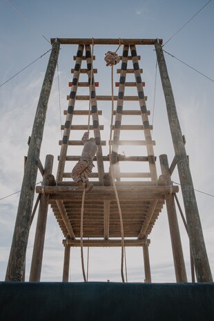 U.S. Marine Corps recruits with Fox Company, 2nd Recruit Training Battalion, navigate through an obstacle during a confidence course training event at Marine Corps Recruit Depot San Diego, California, Oct. 24, 2024. The confidence course challenges recruits physically and mentally through obstacles that require confidence in their strength, balance, and determination. (U.S. Marine Corps photo by Cpl. Sarah M. Grawcock)