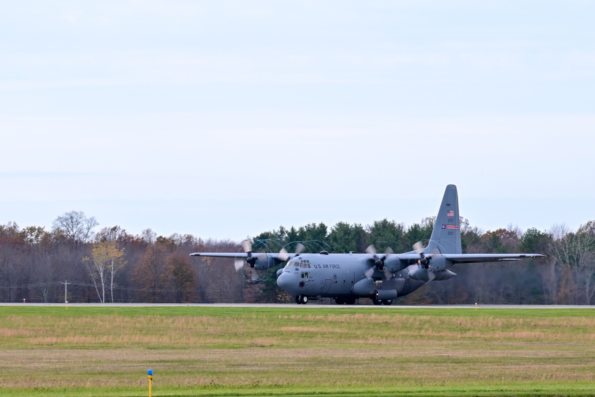 A C-130H Hercules aircraft assigned to the 910th Airlift Wing begins its take-off as a four-aircraft formation lead, Nov. 4, 2024, during Combat Readiness Exercise Buckeye II at Youngstown Air Reserve Station, Ohio.