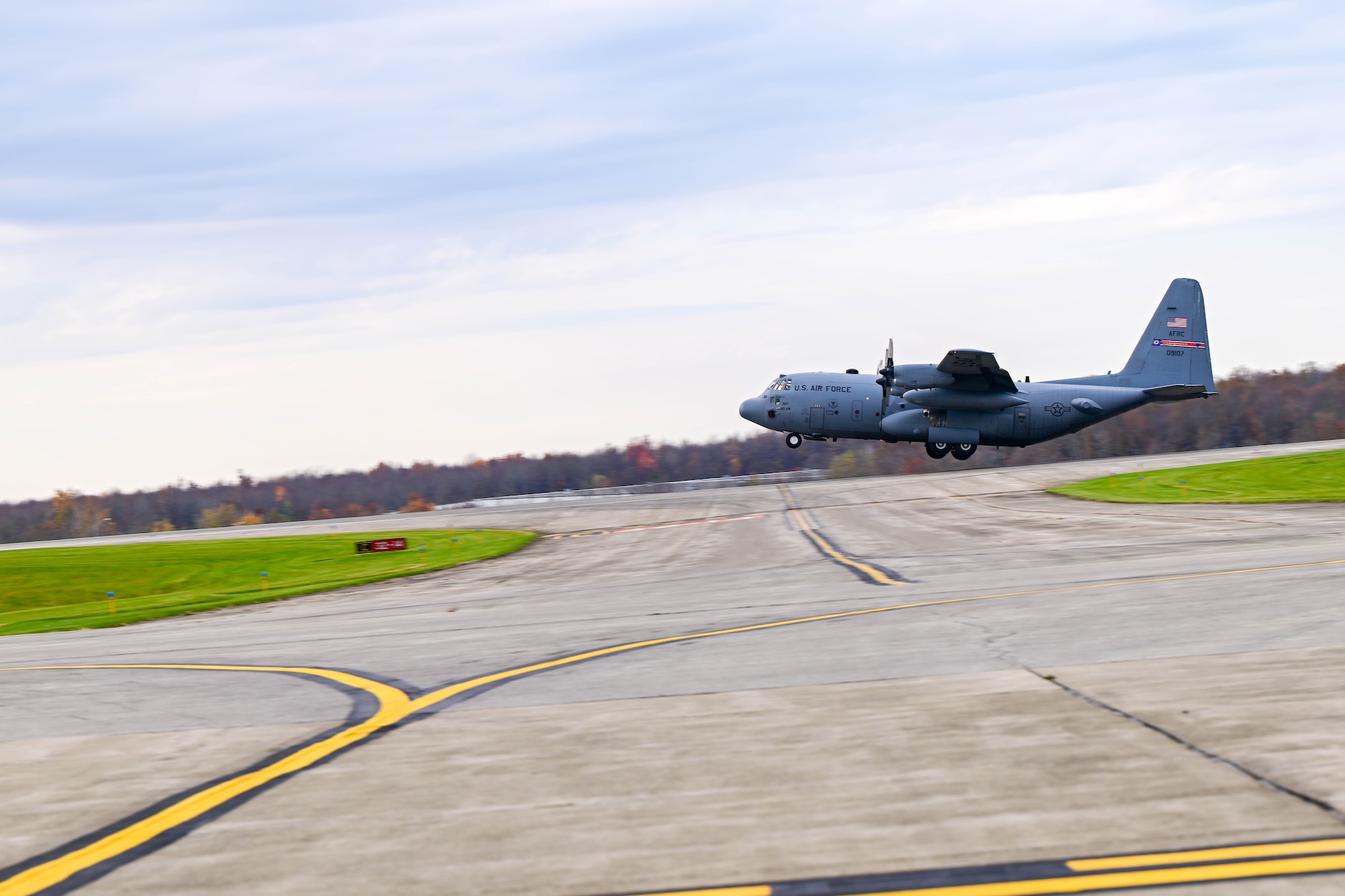 A C-130H Hercules aircraft assigned to the 910th Airlift Wing takes off, Nov. 4, 2024, from Youngstown Air Reserve Station, Ohio, during Combat Readiness Exercise Buckeye II.