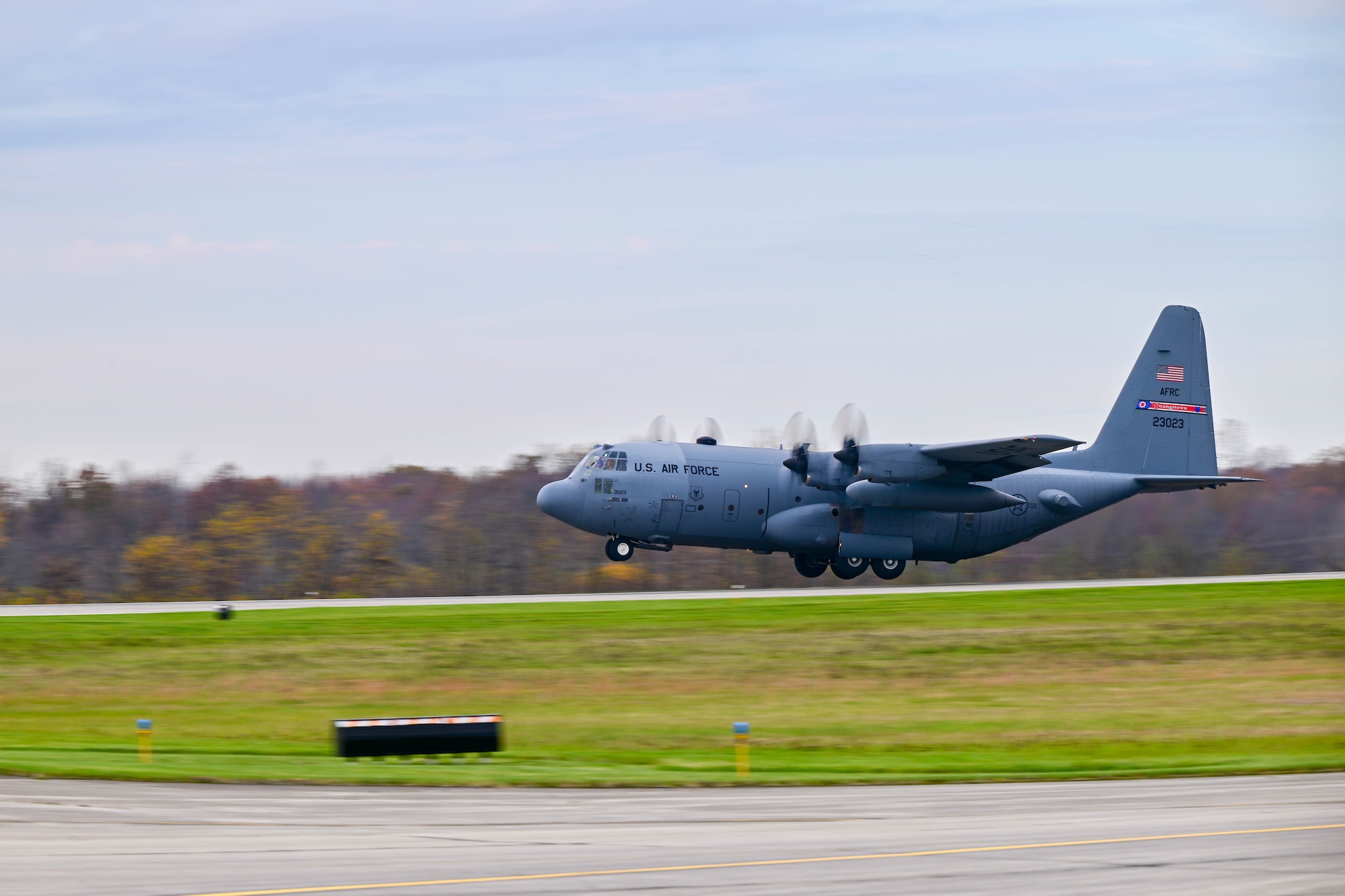 A C-130H Hercules aircraft assigned to the 910th Airlift Wing takes off, Nov. 4, 2024, from Youngstown Air Reserve Station, Ohio, during Combat Readiness Exercise Buckeye II.