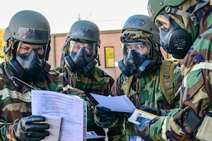 A 910th Airlift Wing post-attack reconnaissance team begins their sweep of an attack area for unexploded ordnance, Nov. 3, 2024, during Combat Readiness Exercise Buckeye II at Youngstown Air Reserve Station, Ohio.