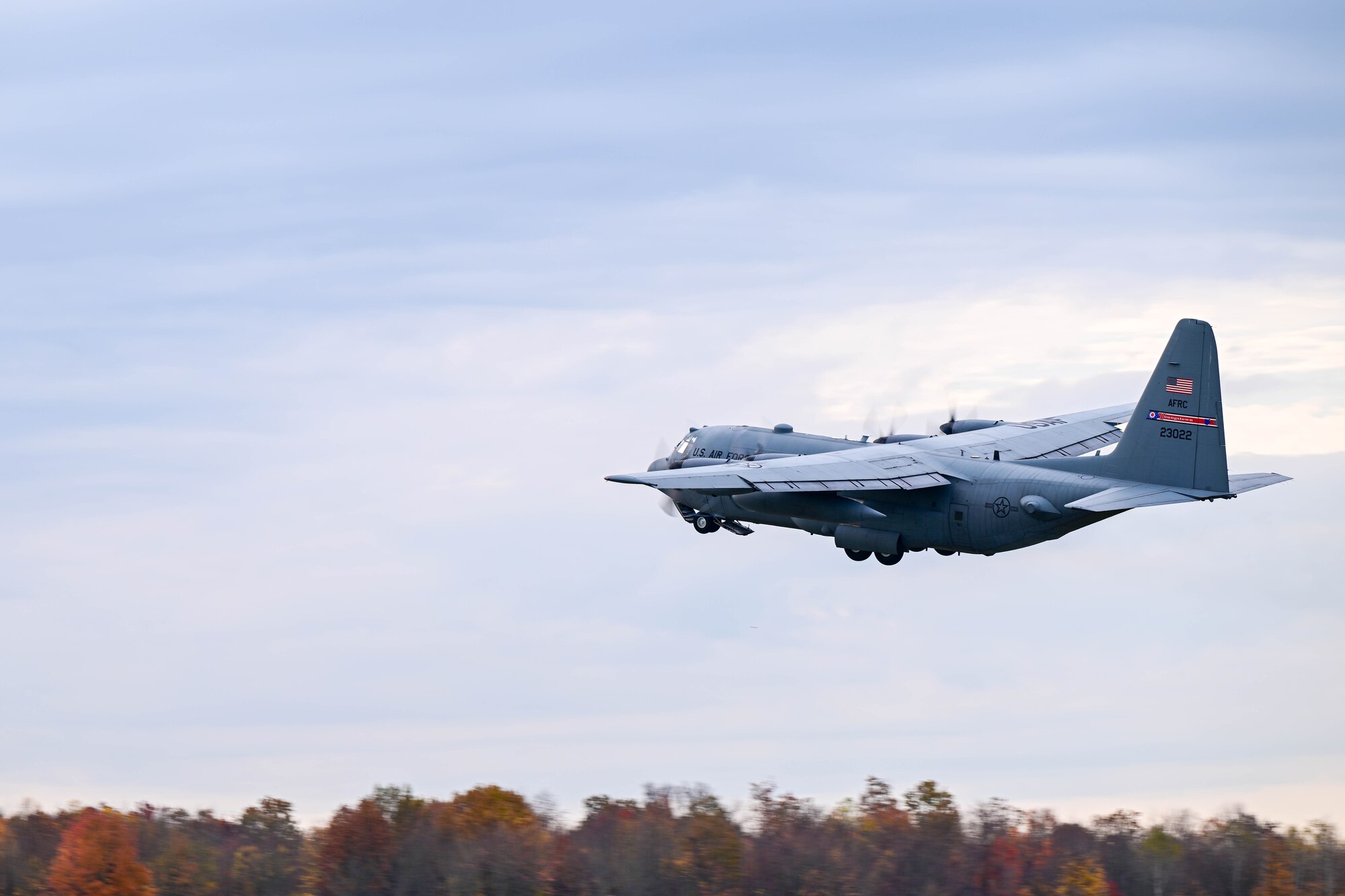 A C-130H Hercules aircraft assigned to the 910th Airlift Wing takes off, Nov. 4, 2024, from Youngstown Air Reserve Station, Ohio, during Combat Readiness Exercise Buckeye II.