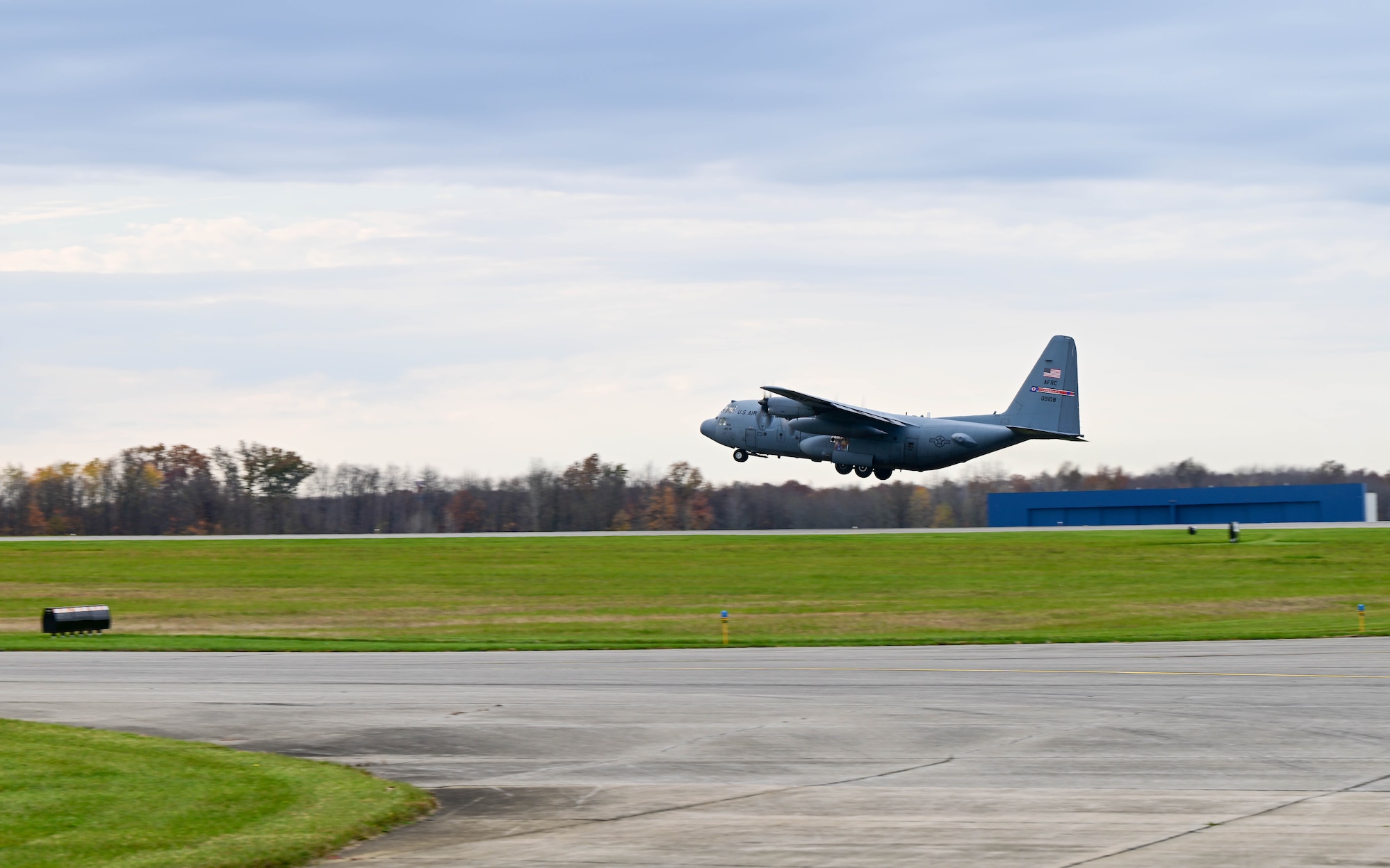 A C-130H Hercules aircraft assigned to the 910th Airlift Wing takes off, Nov. 4, 2024, from Youngstown Air Reserve Station, Ohio, during Combat Readiness Exercise Buckeye II.