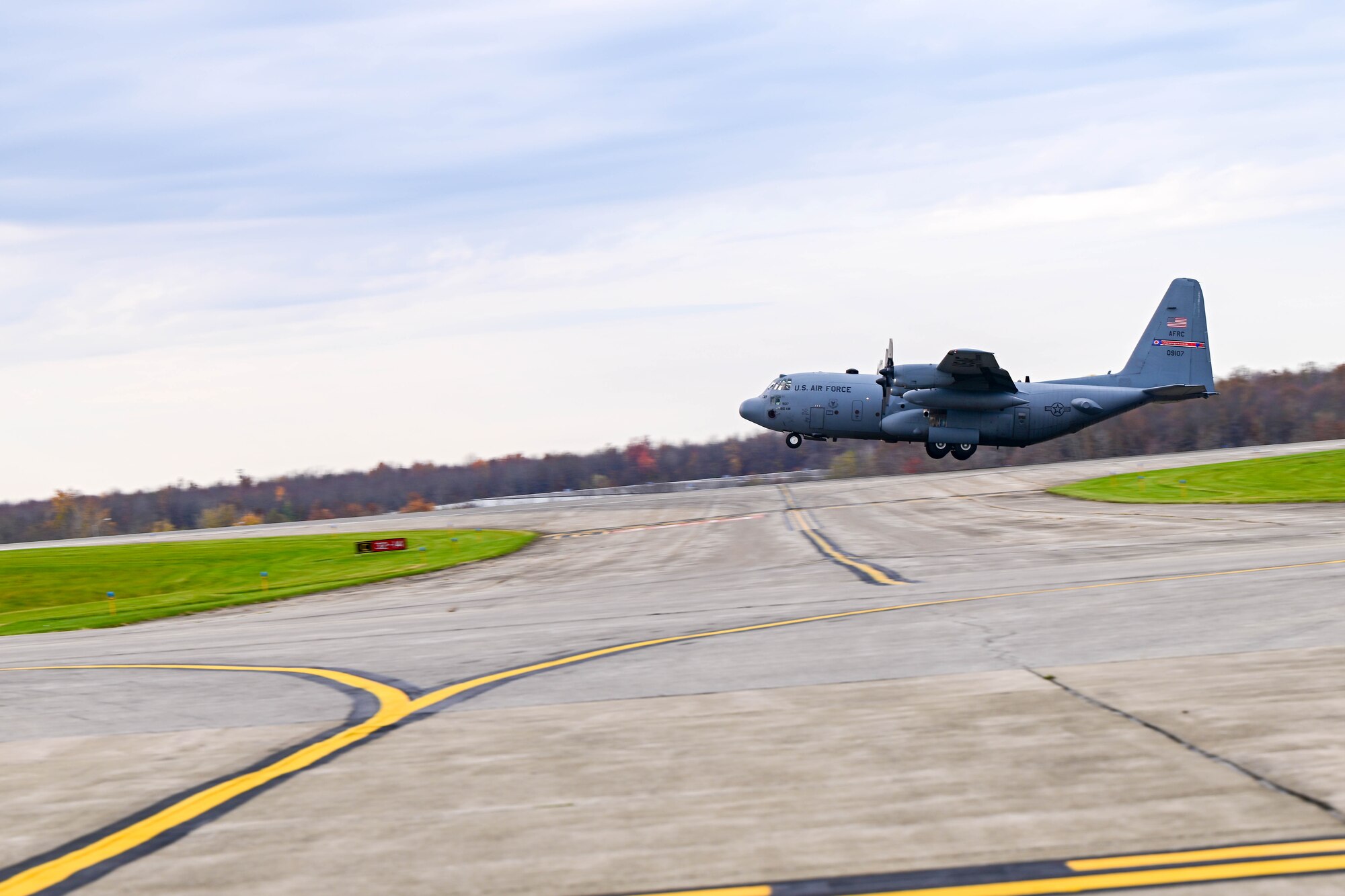 A C-130H Hercules aircraft assigned to the 910th Airlift Wing takes off, Nov. 4, 2024, from Youngstown Air Reserve Station, Ohio, during Combat Readiness Exercise Buckeye II.