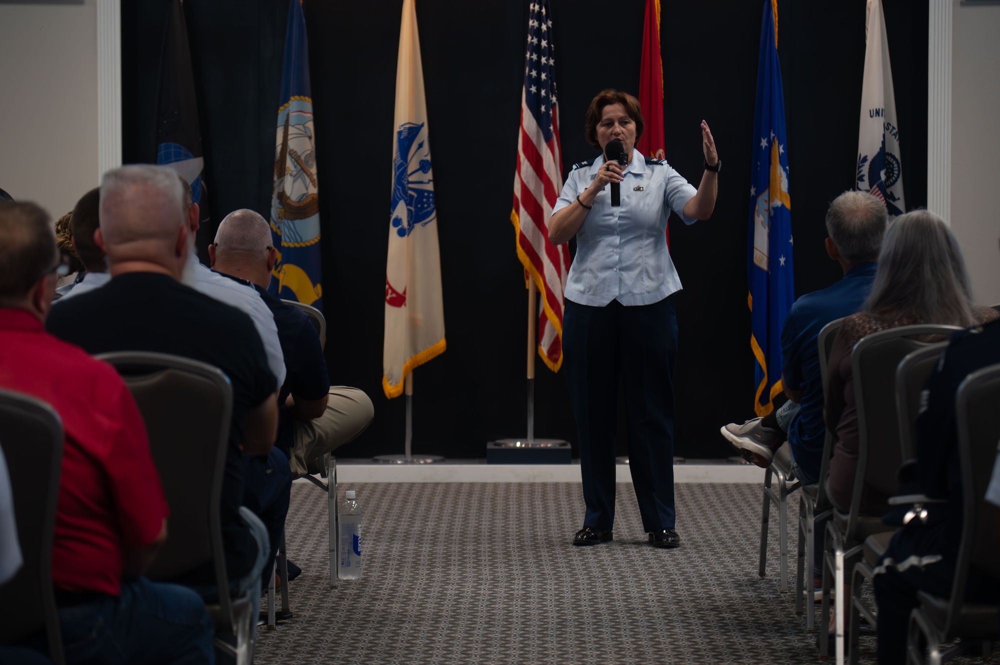 U.S. Air Force Col. Angelina Maguinness, 17th Training Wing Commander, speaks to the 17th TRW during the 3rd Quarterly Awards Ceremony at the Powell Event Center, Goodfellow Air Force Base, Texas, Nov. 1, 2024. Maguinness congratulated the training squadrons on another successful and productive quarter. (U.S. Air Force photo by Airman 1st Class James Salleas)
