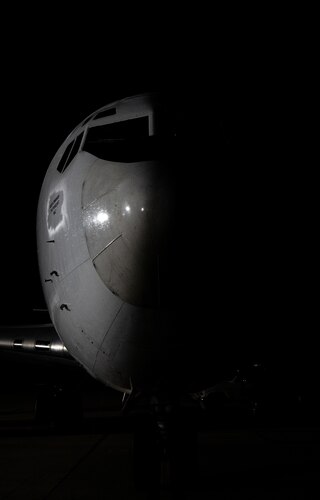 A U.S. Navy E-6B Mercury aircraft sits on the ramp prior to take-off Nov. 5, 2024, at Vandenberg Space Force Base, California. Airmen from the 625th Strategic Operations Squadron out of Offutt Air Force Base, Nebraska, were aboard the aircraft to demonstrate the reliability and effectiveness of the Air Launch Control System system. (U.S. Air Force photo by Airman 1st Class Alyssa Bankston)