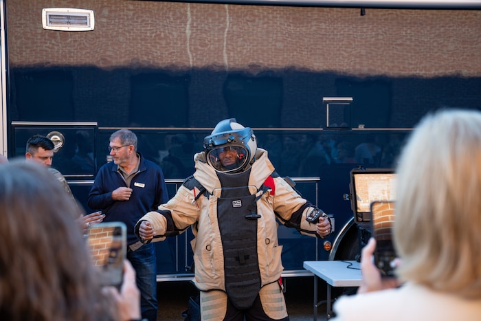 Picture shows man in bomb suit