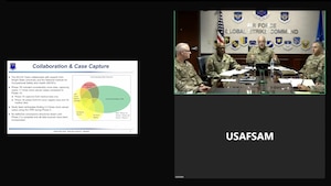 An image taken from the archived video recording of Air Force Global Strike Command ‘s most recent Missile Community Cancer Study Virtual Town Hall hosted on Oct. 31, 2024, by AFGSC commander, Gen. Thomas A. Bussiere, with other senior Air Force leaders from the U.S. Air Force School of Aerospace Medicine and the AFGSC Surgeon General’s Office. (U.S. Air Force illustration by Staff Sgt. Shelby Thurman)