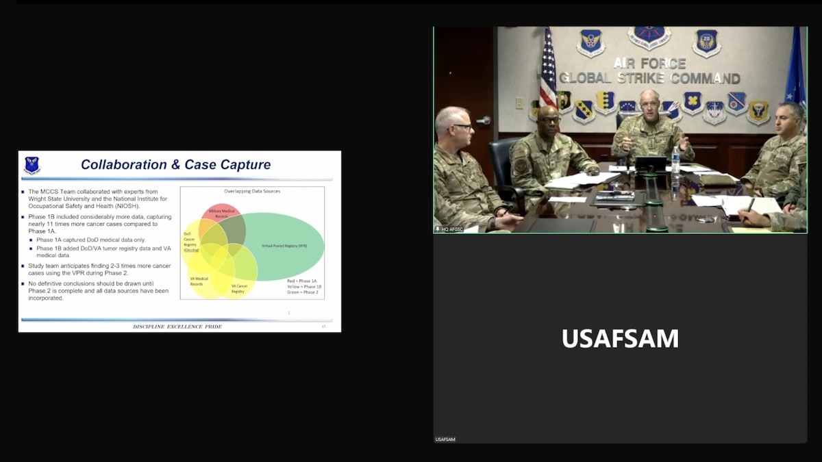 An image taken from the archived video recording of Air Force Global Strike Command ‘s most recent Missile Community Cancer Study Virtual Town Hall hosted on Oct. 31, 2024, by AFGSC commander, Gen. Thomas A. Bussiere, with other senior Air Force leaders from the U.S. Air Force School of Aerospace Medicine and the AFGSC Surgeon General’s Office. (U.S. Air Force illustration by Staff Sgt. Shelby Thurman)